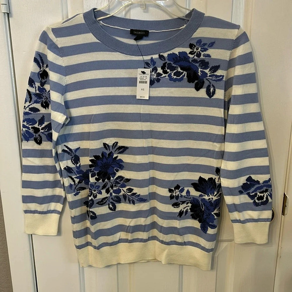 Talbots Women’s (XS) Blue Toile Striped Crewneck 3/4 Sleeve Pullover NWT Sweater - Picture 1 of 6